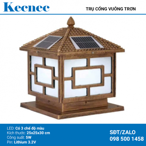 Đèn năng lượng mặt trời trụ cổng vuông trơn mã KTC-25 công suất 5w