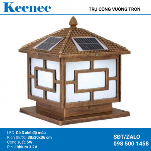 Đèn LED năng lượng mặt trời trụ cổng vuông trơn công suất 5W mã KTC-30