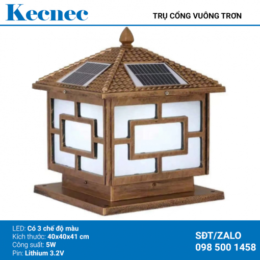 Đèn Led năng lượng mặt trời trụ cổng vuông trơn công suất 5W mã KTC-40